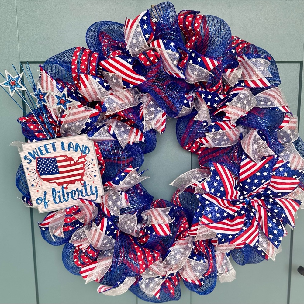Patriotic Stars & Stripes Deco Mesh Wreath | 26” July 4th Door Decor USA Sign